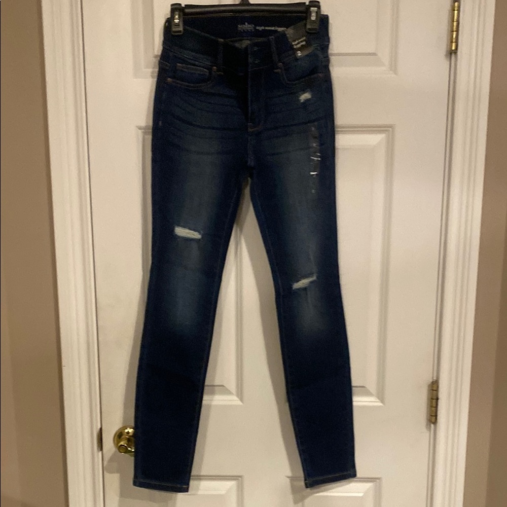 New York & Company Blue Skinny Jeans with Distressed Details